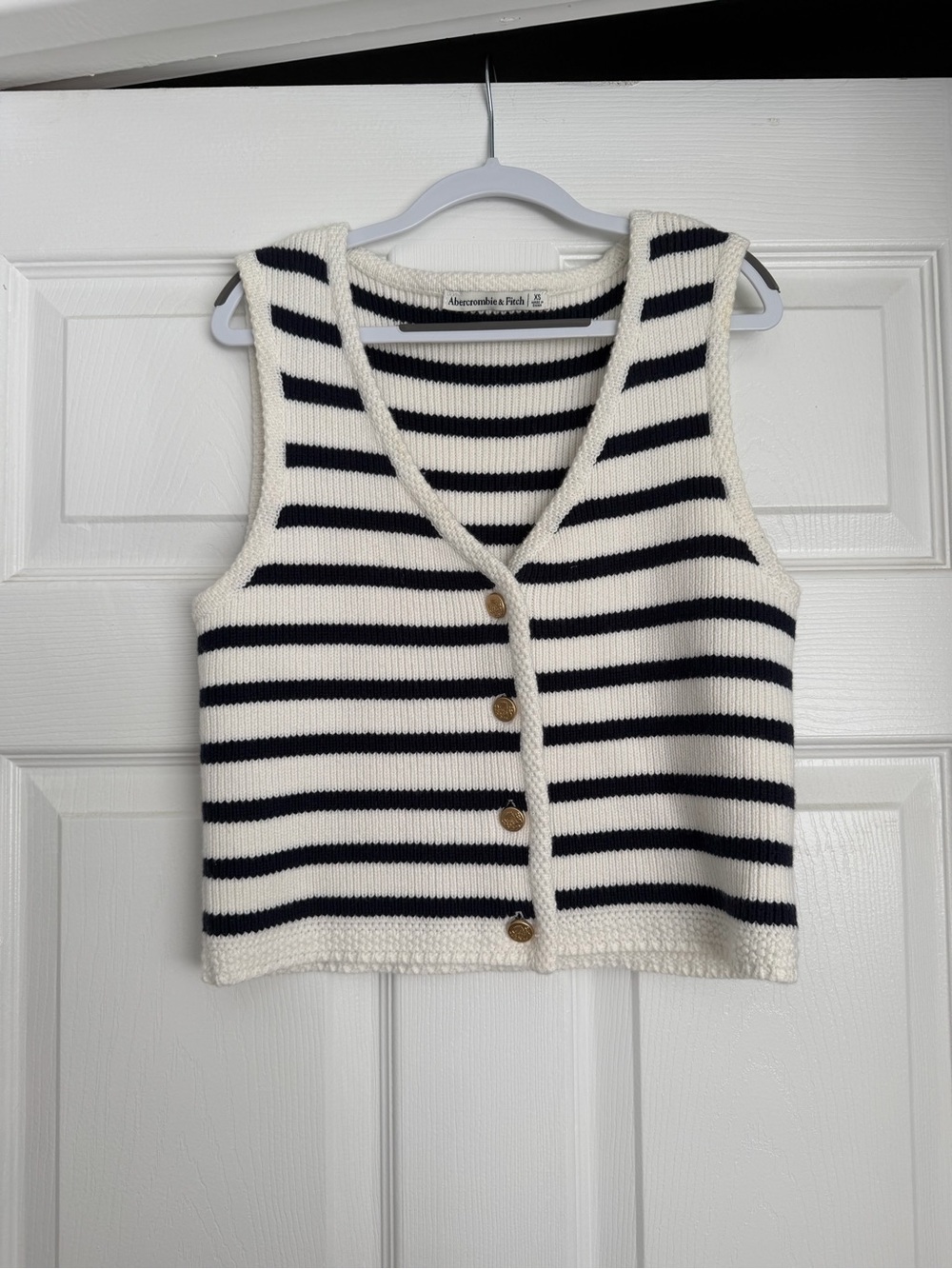 Abercrombie & Fitch Navy and Cream Striped Button-Front Knit Vest